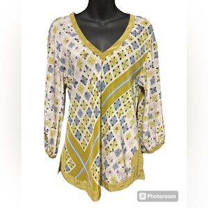 Burning Torch 100% Silk V-Neck Blouse Top  SZ S - Small Stain on Arm *see photo